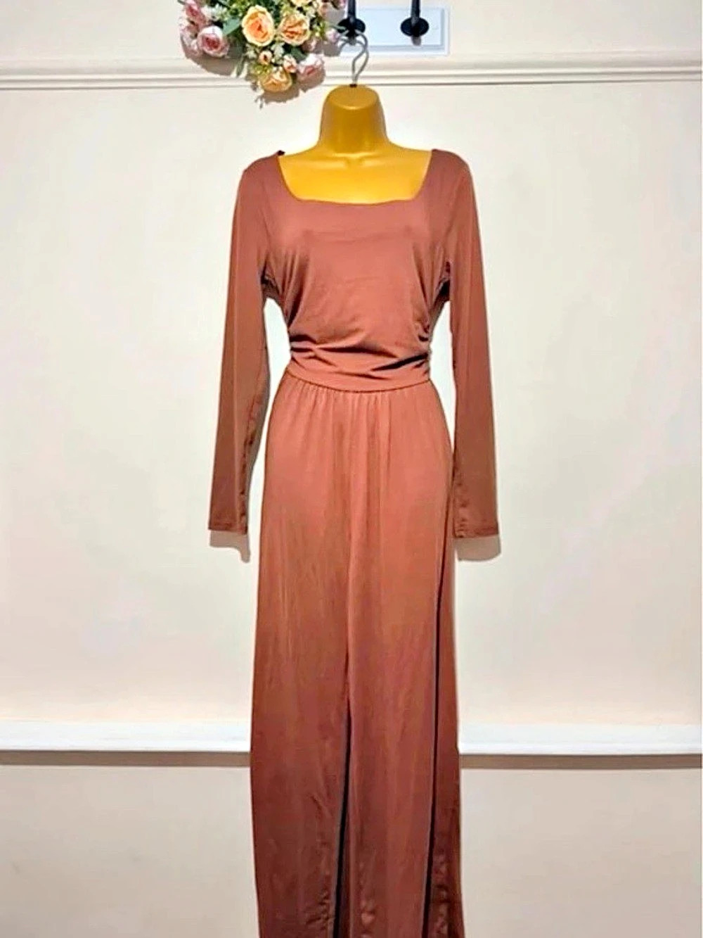 Brown Long Sleeve Wide Leg Jumpsuit